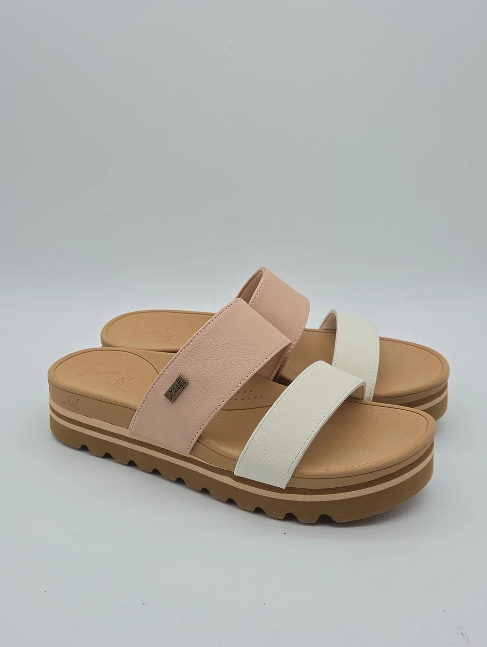 Reef Pink and White Double-Strap Slide Sandals
